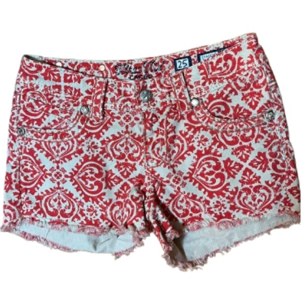 Miss Me Cargo Red and Cream Embroidered Denim Jean Shorts Size 25